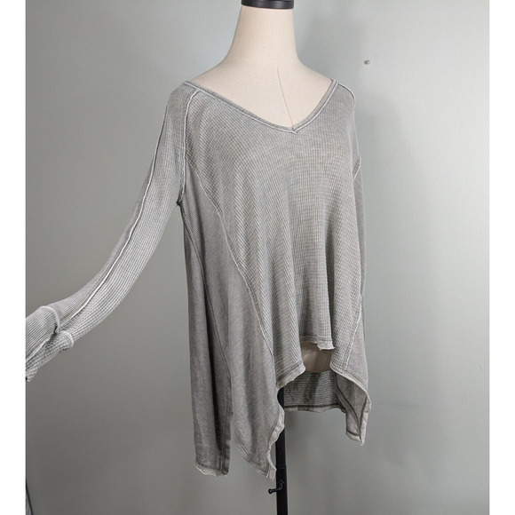 Free People Thermal Top S Green Gray Waffle Knit Long Sleeve Oversize Boho Tee - Picture 1 of 10